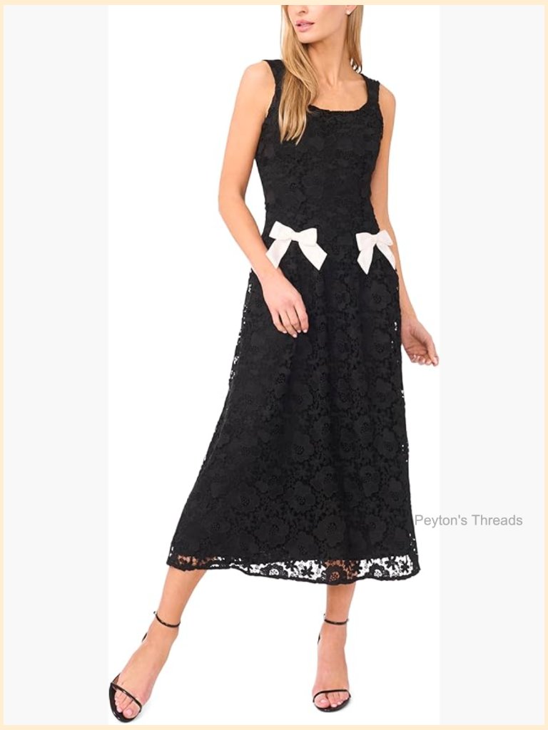 Wide Strap Lace Princess Seam Midi Dress Bow Accent